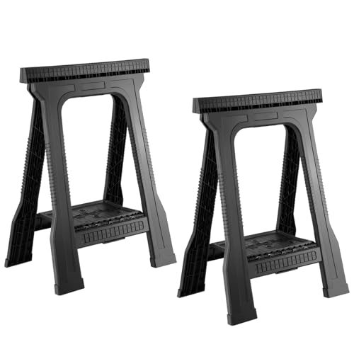 EHHLY Folding Heavy Duty Saw Horses 2 Pack, 1000 LBS Weather Resistant Plastic Sawhorse with Built-in Shelf, Non-Slip Rubber Feet, Folds to 2 Inch Thick for Easy Carry