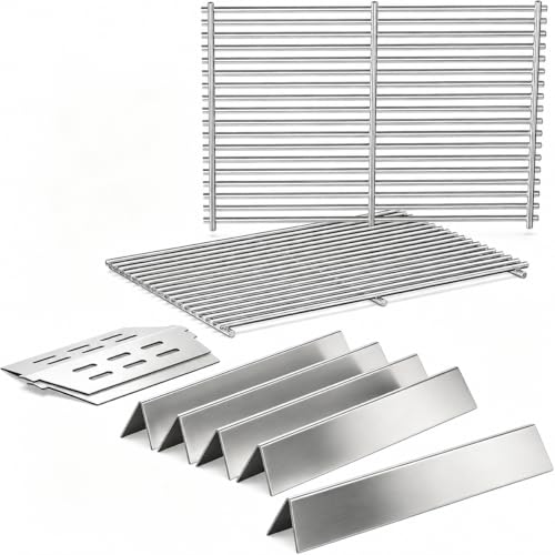 QuliMetal 304 Stainless Steel 7524 Grill Grates & 7621 Flavorizer Bars 65505 Heat Deflectors for Weber Genesis 300 Series with Front Control Knob Replacement for Genesis E310 S310 E/S320 E/S330