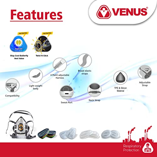 VENUS - V-900 - Half Face Respirator Mask with ABEK1 Multigas Filter Cartridges - ISI Certified, Twist & Click Filter Lock, Chemical & Carcinogenic Respiratory Protection - Combo Pack - Grey