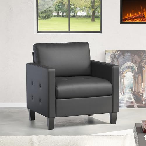 STHOUYN Accent Chair, Black Faux Leather Chair, Mid-Century Modern Living Room Chairs, Cozy Office Reading Chair with Tufted Seat and Armrest, Reception Armchairs for Bedroom, Waiting Room (1)