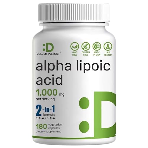 Alpha Lipoic Acid 1,000mg, 180 Veggie Capsules β 50/50 R-ALA & S-ALA for Max Bioavailability β Antioxidant Supplement β Energy & Nervous System Support β Non-GMO