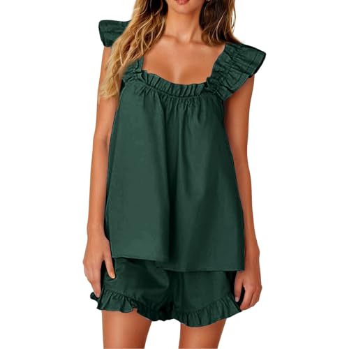 Eauptffy Conjunto de pijama para mujer con detalles de volantes, pijama de dos piezas, ropa de dormir ligera con pantalones cortos, 2 piezas, parte superior con volantes y pantalones cortos, cómodo