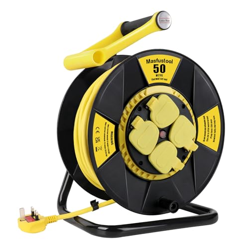 50M Extension Outdoor or Indoor Lead IP44 Rated 4 Socket Extension Reel Heavy Duty Extension Cable Thermal Cut Out UK Outdoor Plug Dust-Proof Extension Lead for Garden Garage Camping