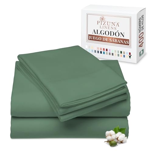 Pizuna Juego de Sabanas 180 x 190/200 cm Seto Verde, Lujoso Satén 100% Algodón de Fibra Larga de 400 Hilos Sabanas 180 cm con 1 Sabana Encimera, 1 Sabana Bajera, 1 Funda Almohada Cilindrica