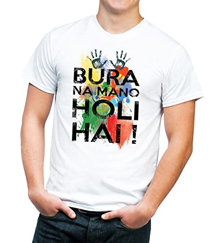 Image of Knitted Polycotton Fabric Regular Fit Men Boys Half Sleeve T-Shirt for Festival of Holi Style 1 White Size : Free
