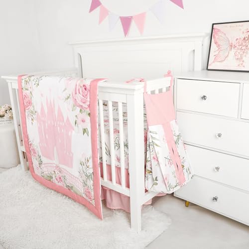 Image of TANOFAR 4-Piece Crib Bedding Set for Baby Girls, Floral Castle Nursery Bedding Set Includes Comforter, Fitted Crib Sheet, Crib Skirt, and Diaper Stacker, Pink