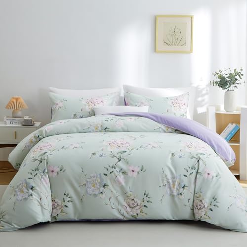 BOLINLIVING Duvet Cover Twin Size, Flower Kids Duvet Cover with Pillow Shams, Soft Floral Bedding Set Sage Green and Purple for All Season, Breathable, Zipper Closure