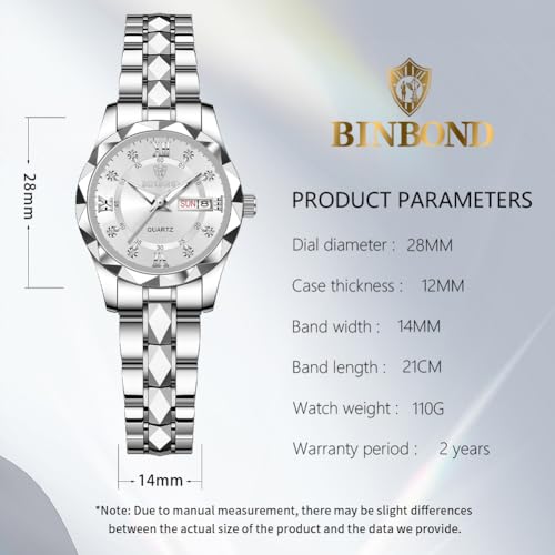 Image of BINBOND Women's Watch Fashion Diamond Elegant Dress Date Ladies Small Wrist Watches for Women Two Tone Stainless Steel Waterproof Luminous Silver