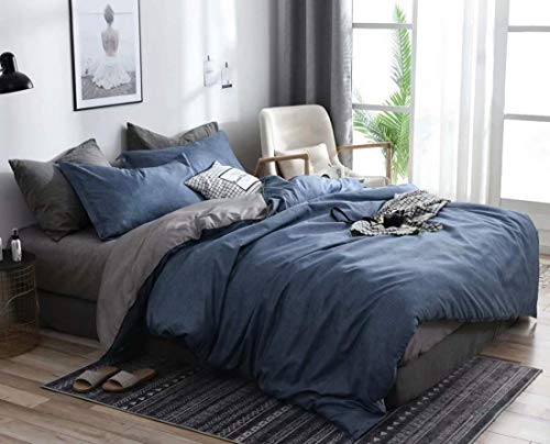 Omelas 3Pcs Blue Gray Duvet Cover Set Queen Size Greyish Blue Charcoal Grey