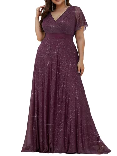Plus Women's Glitter V-Neck Short Flutter Sleeve Floor Length A Line Plus Size Formal Dresses Eveing Gowns Dark Purple US18
