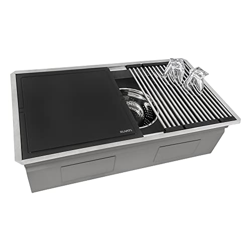 Image of Ruvati 33-inch Workstation Two-Tiered Ledge Undermount Kitchen Sinks 16 Gauge Stainless Steel with Black Composite Accessories - Deep Undermount Sink, Kitchen Sink, Stainless Steel Sinks - RVH8224