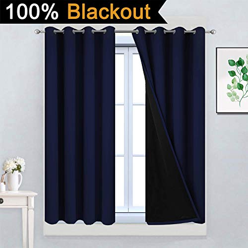 Image of Yakamok Navy Blue 100% Blackout Curtains 45 Inches Long 52 inch Wide, 2 Panels | Blackout Curtain Panels for Bedroom, 2 Thick Layers Grommet Top Thermal Insulated Drapes with Black Liner for Living Room