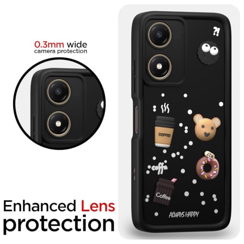 Image of Bintage Cute Fun Ball | Taddy Cartoon 3D Smiley Coffee Cup | Milk Donut | Full Protection Rubber Back Cover Compatible for Motorola E13 - Black