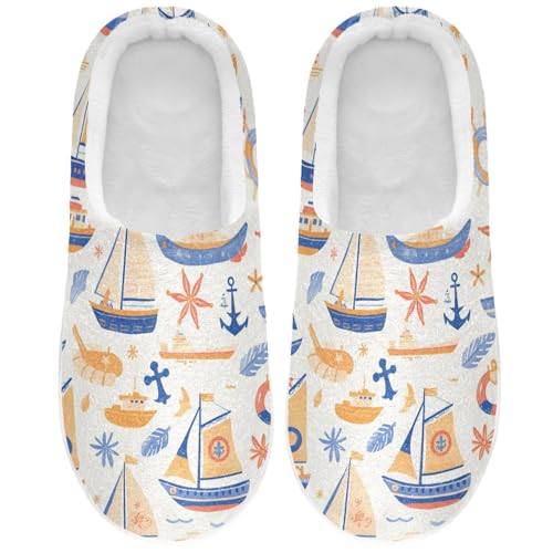 JUNZAN Blue Boats Anchors Womens Cotton House Slippers Closed Toe Memory Foam Indoor Slippers for Outdoor Birthday Presents 6-7