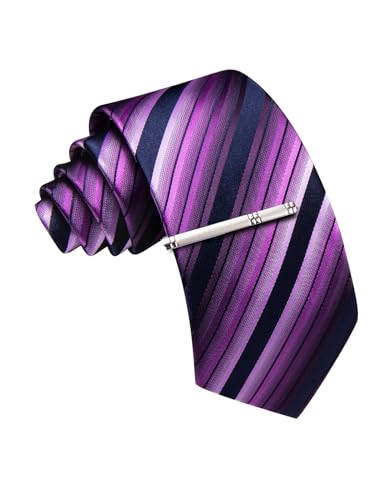 Image of Barry.Wang Silk Men Ties Formal Stripes Necktie and Tie Clip for Wedding Party Business Fashion Classic
