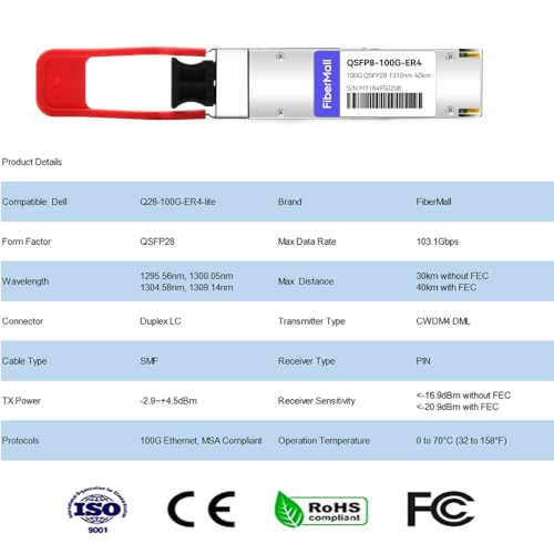 Image of QSFP28 100G ER4 Lite Transceiver Module,Compatible with DELL Q28-100G-ER4-lite 100GBASE-ER4 QSFP28 1310nm LAN WDM 40km with FEC,30km Without FEC LC SMF DDM