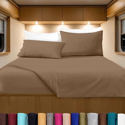 Image of Elegant Comfort Luxurious 1500 Premium Hotel Quality Microfiber Three Line Embroidered Softest 4-Piece Bed Sheet Set, Wrinkle and Fade Resistant, RV Short Queen, Taupe