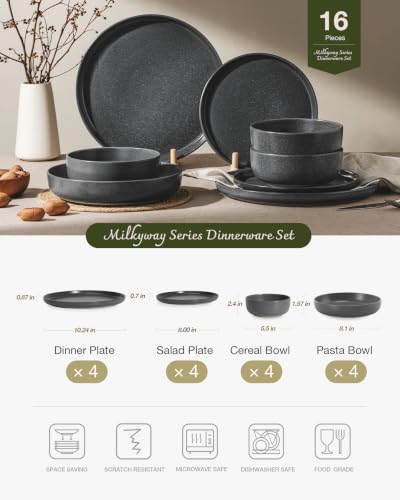 Image of Famiware Milkyway Stoneware Dinnerware Sets with Pasta Bowls, Service for 4 (16 Pieces), Reactive Glaze Plates and Bowls Sets, Microwave and Dishwasher Safe Dishes Set, Matte Dark Charcoal