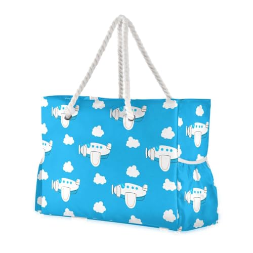 Cartoon Airplane Clouds Beach Tote Bag for Women Waterproof Large Swim Pool Beach Bags with Zipper Travel Tote Bags Carry On Bag for Gym Vacation Essentials Nurse Grocery Yoga