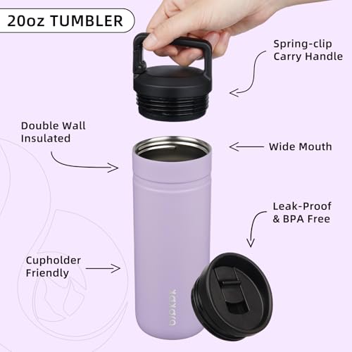 Image of BJPKPK 20 oz Insulated Travel Water Bottle, Coffee Tumbler Stainless Steel | Double Wall Vacuum, Leakproof, Thermal, Keeps Hot /Cold, BPA Free, Dishwasher Safe, Spill Proof, Wide Mouth, 2 Lids, Purple