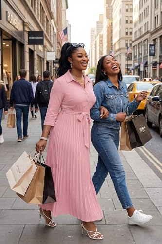 Image of Runwind Maxi Dresses for Women, 3 /4 Sleeve Botton Down Pleated Long Dress with Belt Casual Church Dress with Pockets