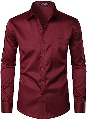 PARKLEES Chemise boutonnée élégante à coupe ajustée, manches longues et poche, style urbain, décontracté ou affaires, pour hommes, bordeaux, L