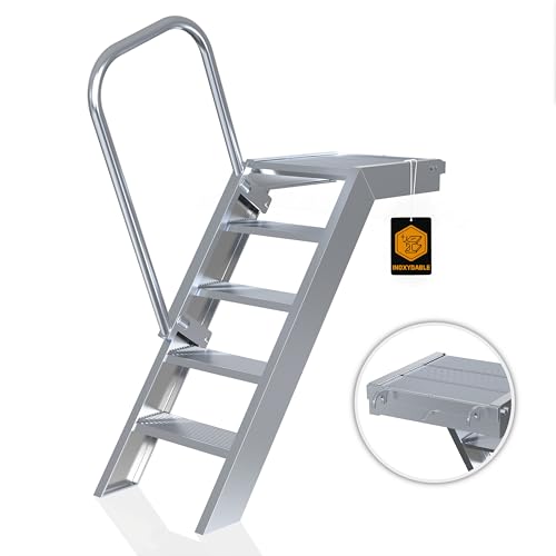 Rux Ringscaff Alu Escalier à palier avec aide à la montée - [5 Marches] 1 m de hauteur, 58 cm de largeur - Marche escalier exterieur - Escalier pour l'étang, jardin et accès au bâtiment