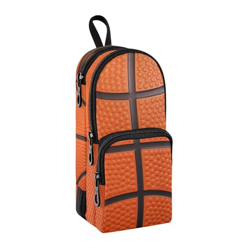 Image of ZAZYXTJ Basketball Texture Standing Large Capacity Pencil Case 3 Compartment Pen Pouch Storage Canvas Makeup Bag for School Office Teen Girl Boy Men Women