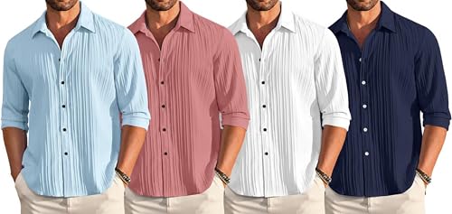 Image of FINIVO FASHION Combo of Men's Casual Cotton Plain Button Down Shirt Long Sleeve Textured Summer Beach Shirt for Men Pack of 4