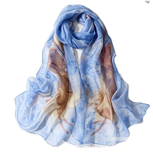 Silk Scarf for Women, Watercolor Floral Print, Light Blue and Brown, Lightweight Sheer Wrap