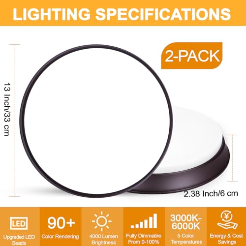 Image of 2PACK LED Flush Mount Ceiling Light Fixtures Oil Rubbed Bronze, 13Inch 36W Dimmable & 2700K-6500K 5CCT Adjustable LED Ceiling Lights, 4000LM Modern LED Lamp for Kitchen, Bedroom, Porch, Hallway