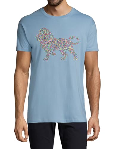 T-shirt homme bleu clair col rond en coton avec motif imprimé lion art coloré