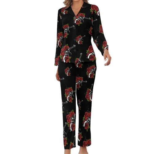 Image of Guns And Rose Pajama Sets for Women 2 Piece Soft Satin Loungewear Button Top And Trousers M