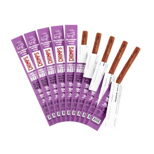 Image of Chomps Grass-Fed and Finished Taco Beef Jerky Snack Sticks 10-Pack - Keto, Paleo, Whole30, 10g Lean Meat Protein, Gluten-Free, Zero Sugar Food, Non-GMO