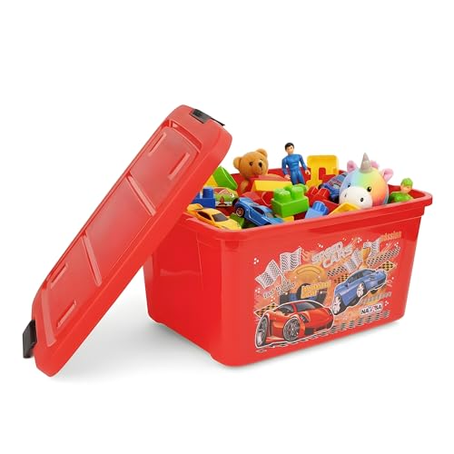 Image of Nayasa Toy Box Big Plastic Storage Box | Multipurpose Stackable Storage Box with Lid and Small Rolling Wheels | Ideal for Organizing Toys & Household Essentials | 50L | Red