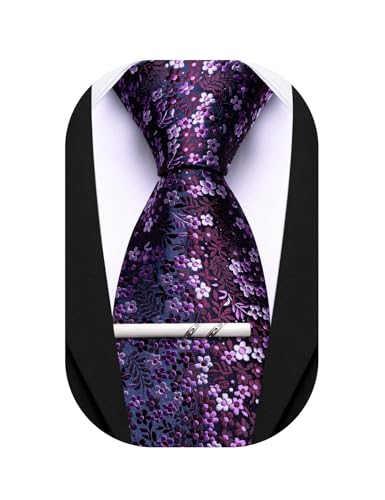 Image of Barry.Wang Floral Ties for Men Flower Necktie with Tie Clip Formal