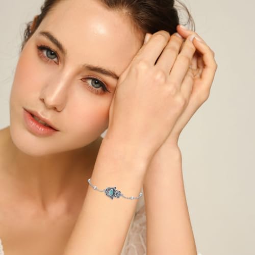 Real Turquoise Hamsa Bracelet 925 Sterling Silver Hand of Fatima Evil Eye Adjustable Link Bracelets Jewelry for Women4