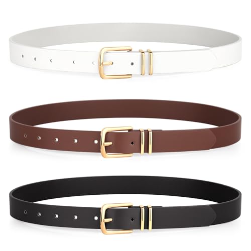 Monoluxe Pack 3 Womens Belts for Jeans Pants, Ladies Girls Leather Belts with Gold Sliver Buckle3
