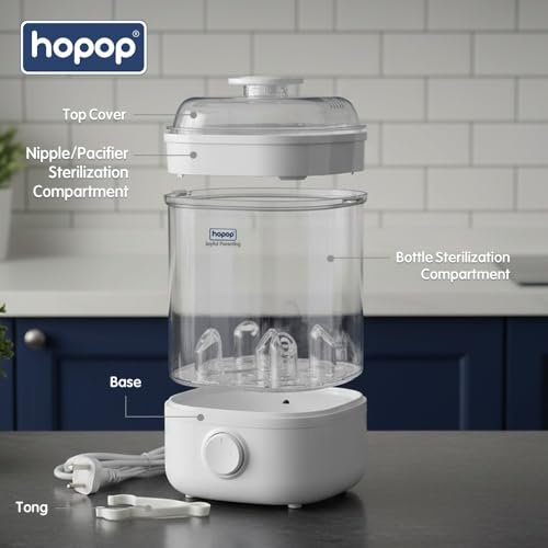Image of Hopop Bottle Sterilizer | 2-in-1 Feeding Bottle Sterilizer for Baby Products | Full & Compact Size Steam Sterilizer | Travel Friendly Electric Sterilizer for Baby Bottles, Nipples & Accessories | Capacity Upto 5 Bottles | Auto Shut Off | White (Bottle Sterilizer)