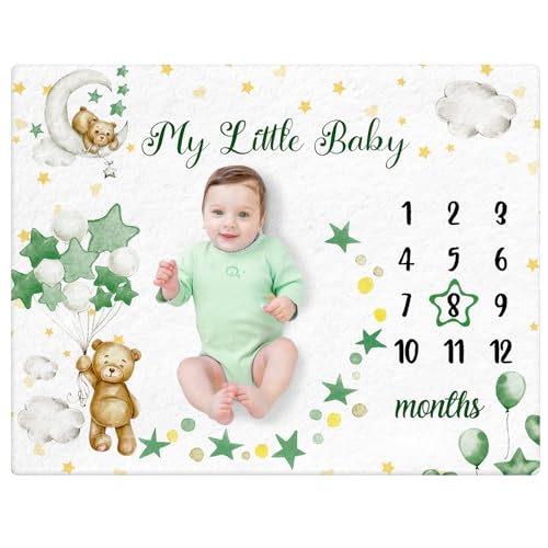 Image of Mindsoft Sleeping Bear Monthly Baby Milestone Blanket Bear Star Balloon Flannel Blanket Boy Newborn Infant Swaddle Growth Chart Baby with Frame for Boys Girls Nursery (Green)