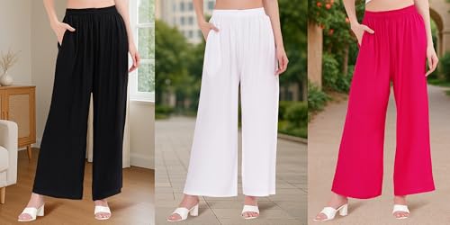 Image of Buy That Trendz Palazzo Pants for Women Rayon Elasticated Regular Fit Flared Wide Leg M to 6XL Pack of 3