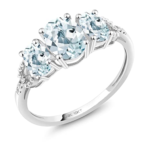 Gem Stone King 10K White Gold Sky Blue Aquamarine and Diamond Accent Engagement Ring For Women | 1.77 Cttw | Oval 7X5MM and 6X4MM | Available in size 5, 6, 7, 8, 9