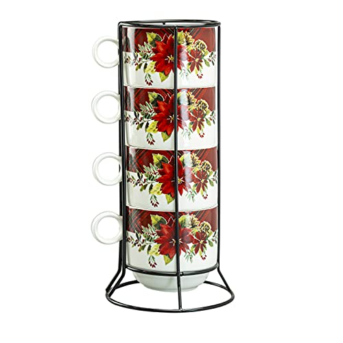 Grace Teaware Stackable Coffee Tea Mug 10-Ounce Set of 4 With Metal Stand (Poinsettia)