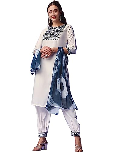 Image of Naixa Women's OffWhite Viscose Rayon Embroidered Straight Kurta with Pant and Printed Dupatta Set