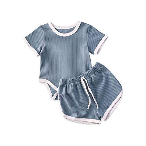 WangsCanis 2Pcs Newborn Infant Baby Girls Boys Outfits Summer Toddler Girls Boys L Short Sleeve Solid Color Romper Bodysuit T-Shirt Tops + Casual Pants + Outfit Clothes Set (Blue, 0-6m) Cover