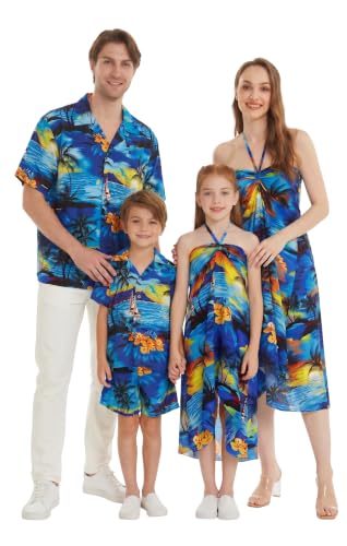 Image of Hawaii Hangover Family Matching Hawaiian Clothes, Sunset Blue | Family matching Hawaiian outfits, Sunset Blue, lightweight rayon, machine washable, tropical print, luaus, cruises