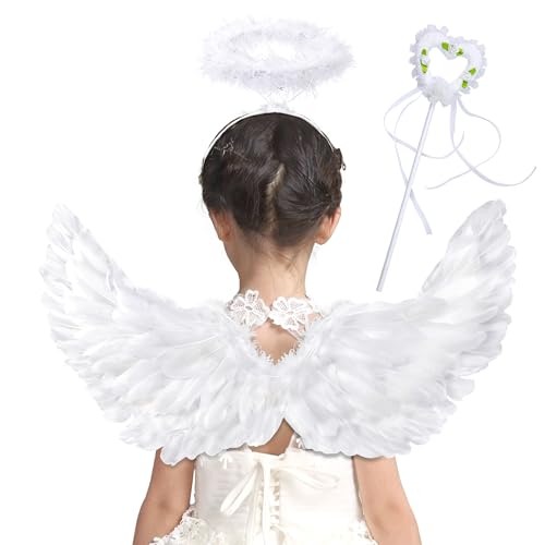 Goenb Engelsflügel, 63 * 33cm Engelsflügel Weiß Engel Kostüm Damen Kinder Herren Erwachsene Engelsflügel Amor Kostüm Damen Mit Heiligenschein...