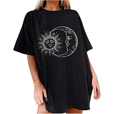 Oberteile Damen Oversized T-Shirt Sonne Mond Motiv Sportshirt Kurzarm Sport Oberteile Vintage Sweatshirt Rundhals Oberteile Teenager Mädchen Best Friends Lang Top Longshirt Cover