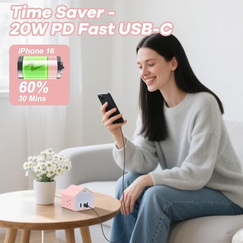 Lovely-Pink Power Strip with Night Light - Kawaii USB C Power Strip Desk Accessories - 4 Outlets 3 USB Ports - Dinky Surge Protector Plug Extender for Home, Office, Dorm, Travel, Hotel, Women, Girls