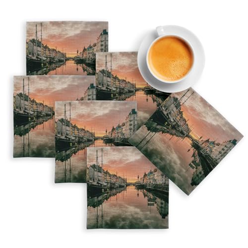 sous Verre en Lin - Port De Copenhague Couche De Soleil Danemark - Lot de 6 (100 x 100 mm)